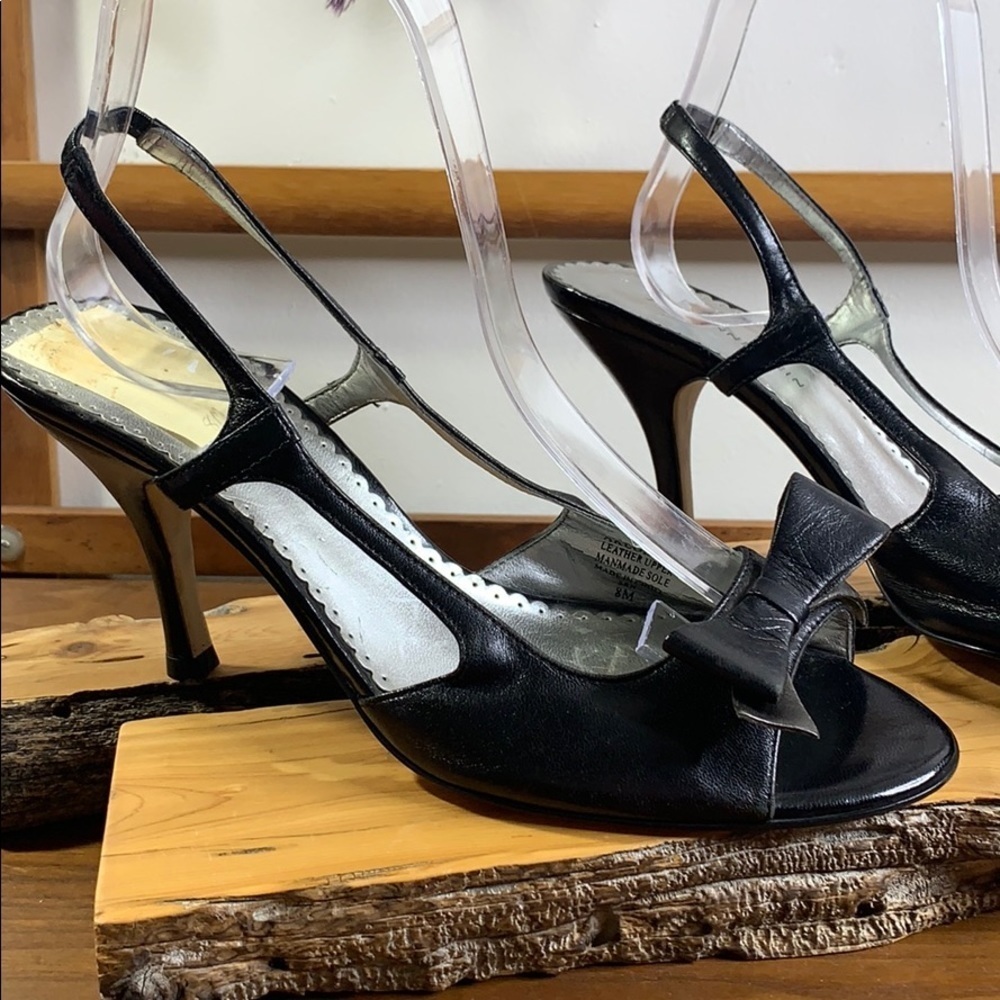 AK Anne Klein Black Leather Bow Sling Back Heels 8